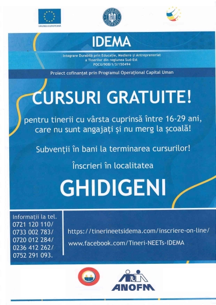 Anunț cursuri gratuite pentru tinerii cu vârsta cuprinsă între 16-29 ani, care nu sunt angajați și nu merg la școală