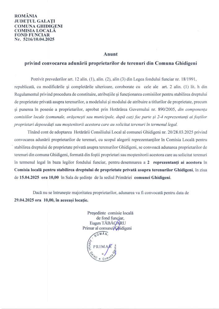 Anunț privind convocarea adunării proprietarilor de terenuri din Comuna Ghidigeni în ziua de 15.04.2025, ora 10.00