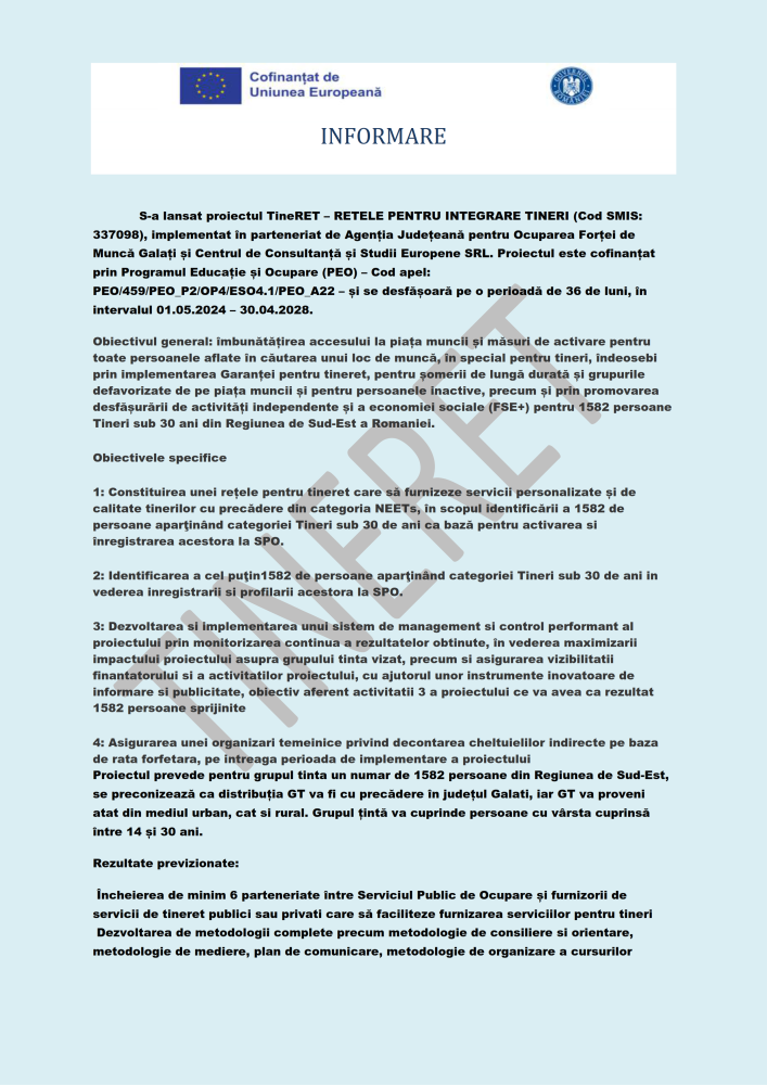 Informare proiect TineRET -  REȚELE PENTRU INTEGRARE TINERI (Cod SMIS: 337098), 01.05.2024 - 30.04.2028
