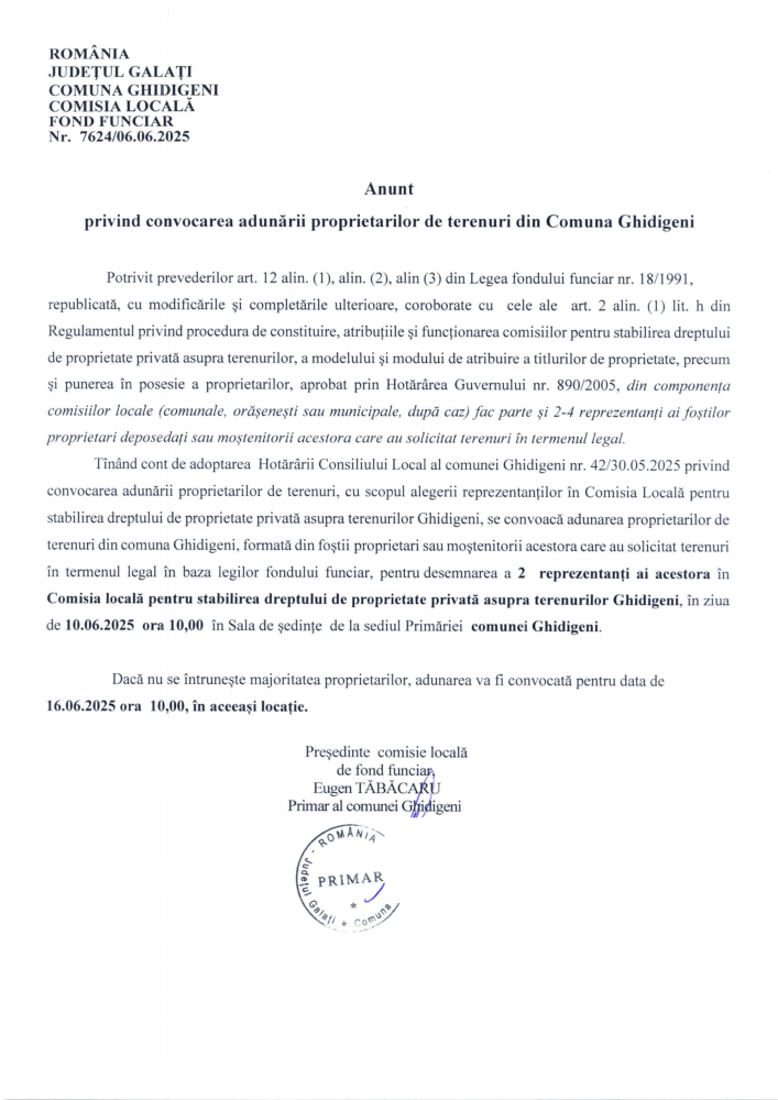 Anunț privind convocarea adunării proprietarilor de terenuri din Comuna Ghidigeni în ziua de 10.06.2025, ora 10.00 în sala de ședințe de la sediul Primăriei comunei Ghidigeni