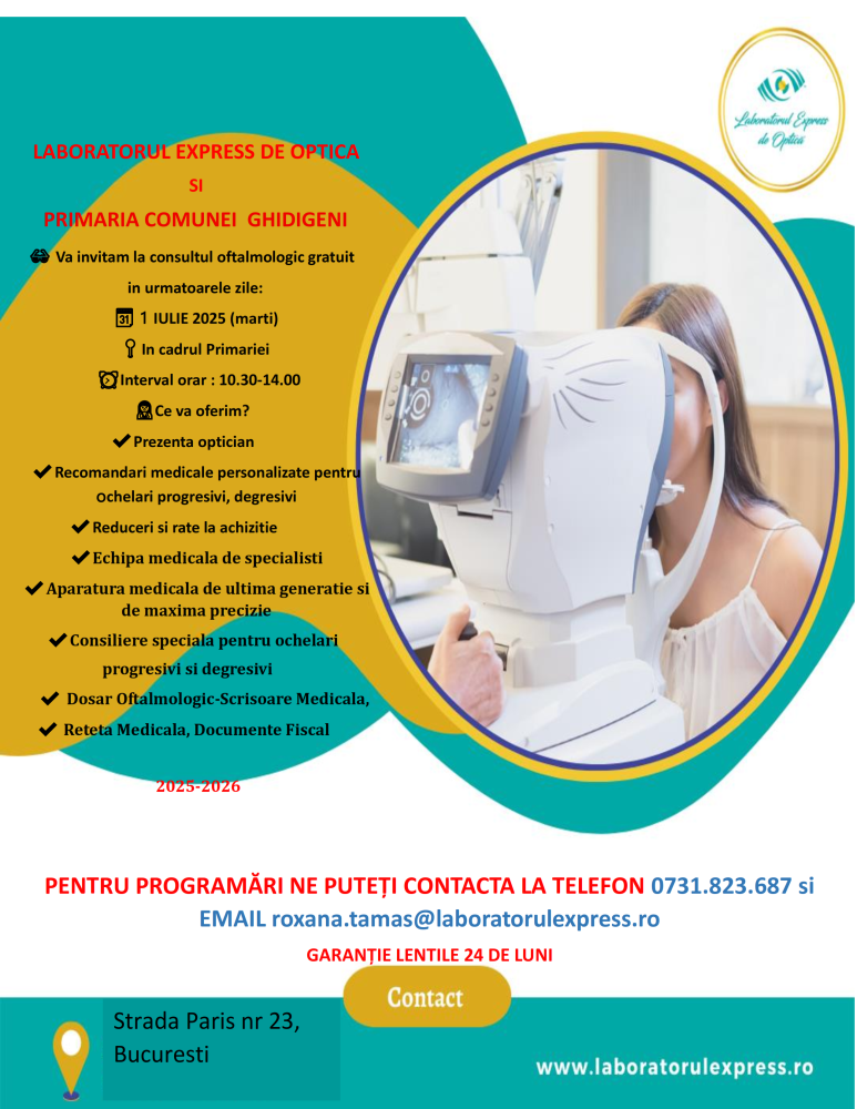 Invitație consult oftalmologic gratuit, marți 1 iulie 2025 în cadrul Primăriei, orele 10.30 - 14.00