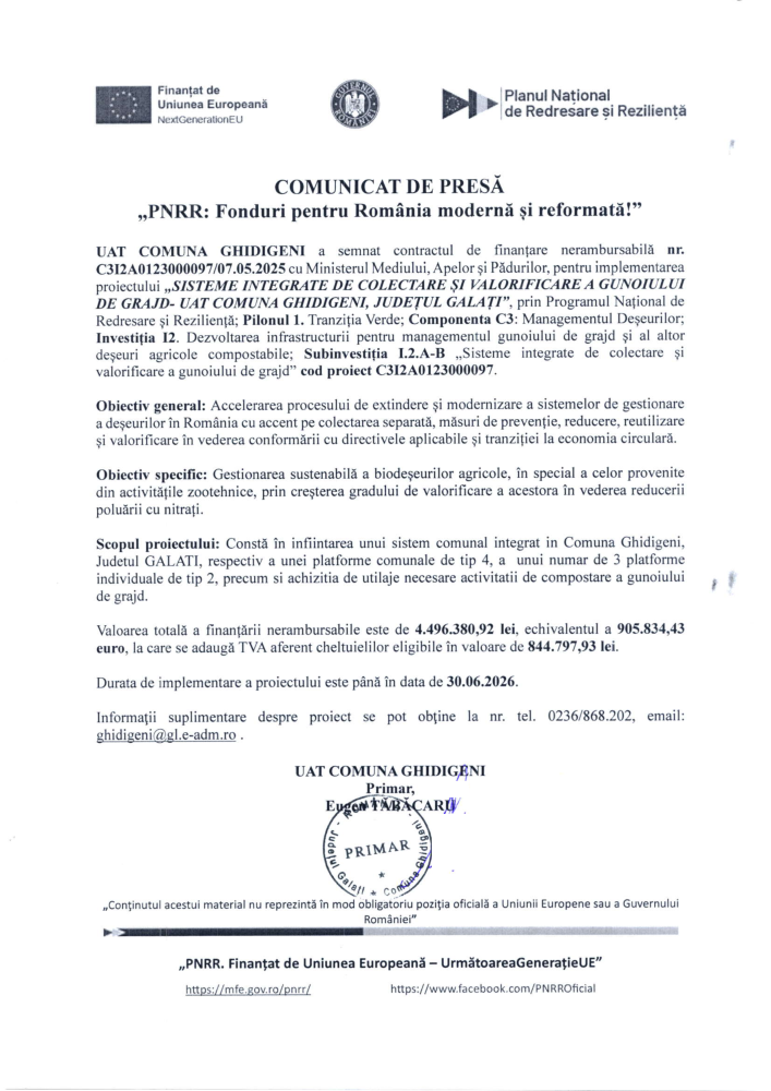 Comunicat de presă „PNRR: Fonduri pentru România modernă și reformată!
