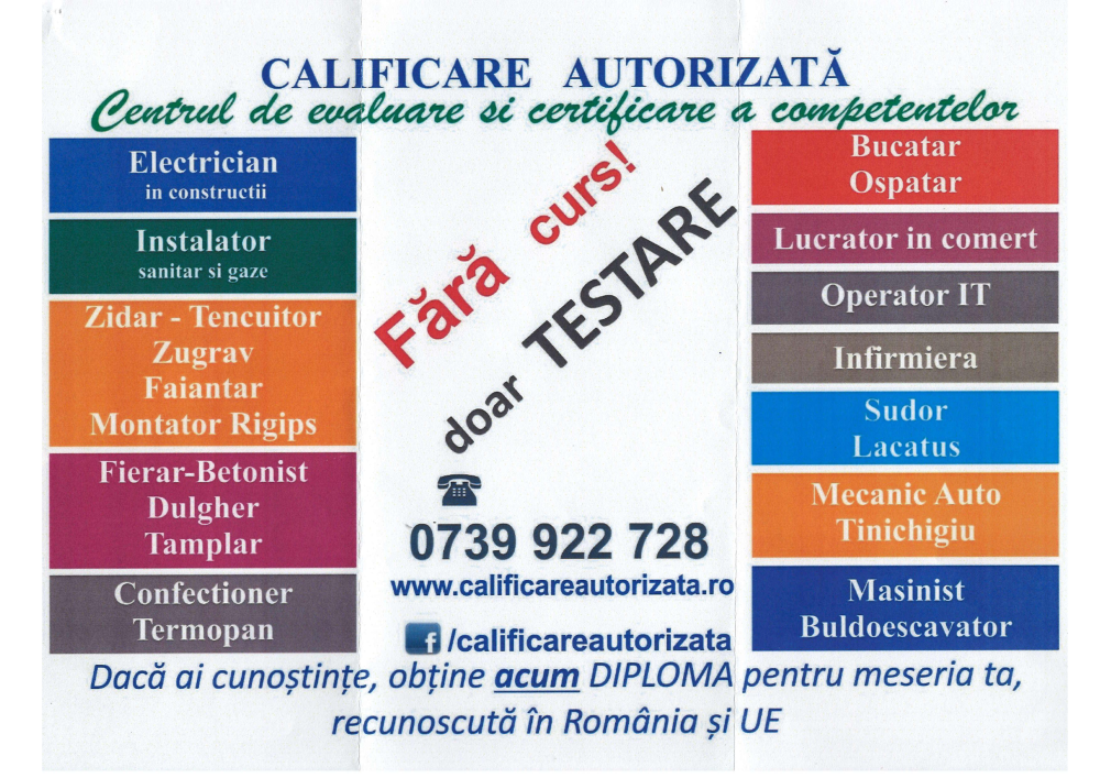 Calificări autorizate în Centrul de evaluare și certificare a competențelor - telefon 0739 922 728
