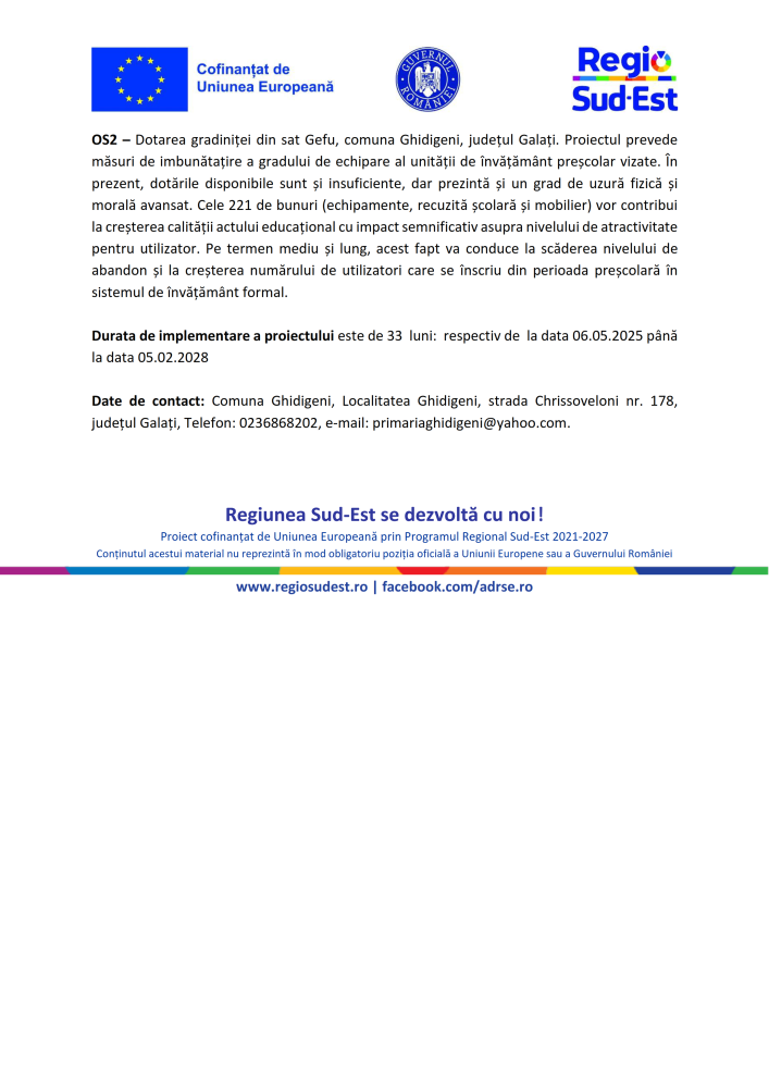 Comunicat de presă - lansare Proiect Program Regional Sud-Est 2021-2027 „Construire și dotare grădiniță în sat Gefu, comuna Ghidigeni, județul Galați