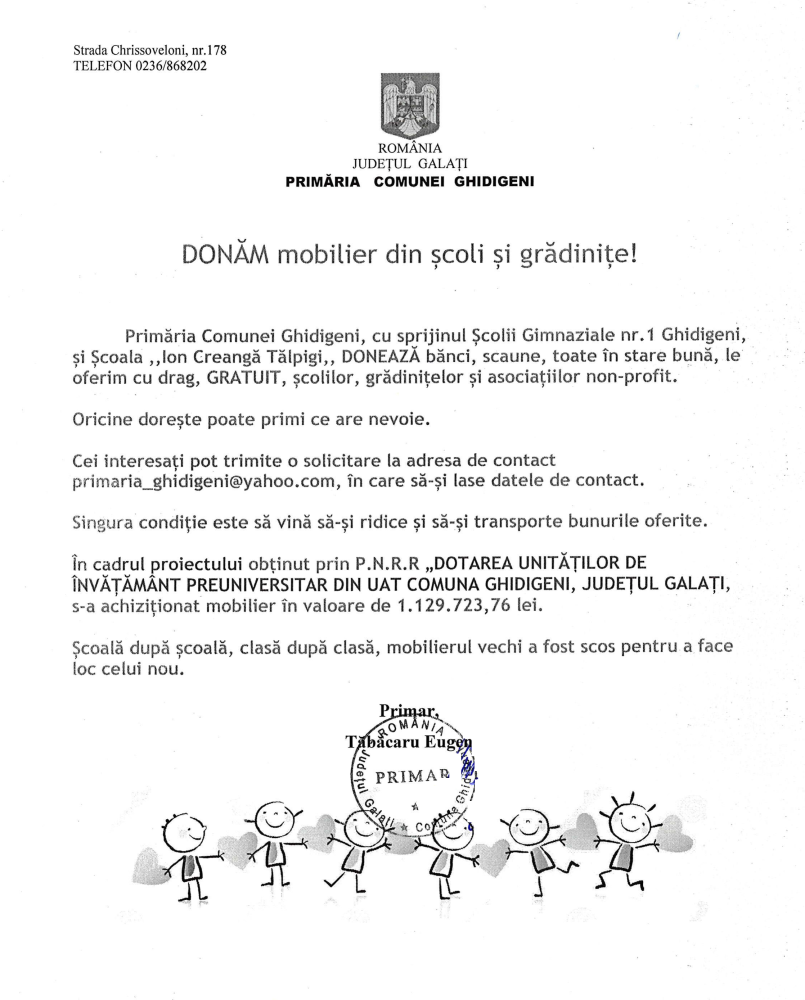 Donăm mobilier din școli și grădinițe!
