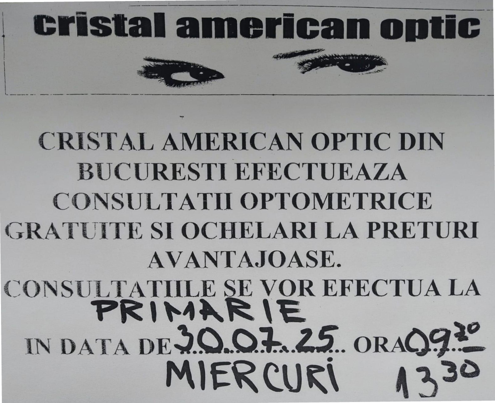 Consultații optometrice gratuite și ochelari la prețuri avantajoase, miercuri 30.07.2025, ora 09.30 - 13.30 la sediul primăriei Ghidigeni