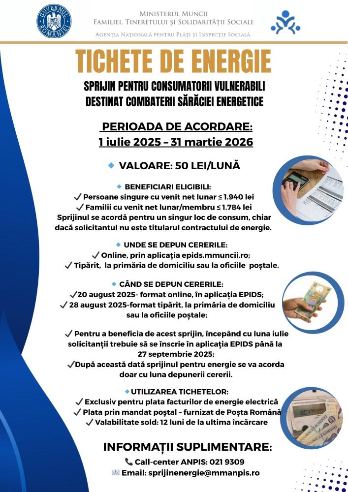 Informații Tichet electronic de energie pentru acoperirea unei părți din factura la energie