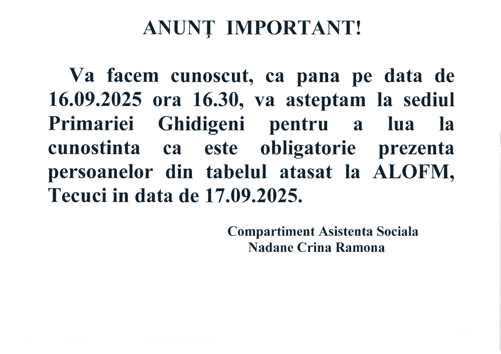Anunț privind prezența obligatorie la ALOFM Tecuci în data de 17.09.2025