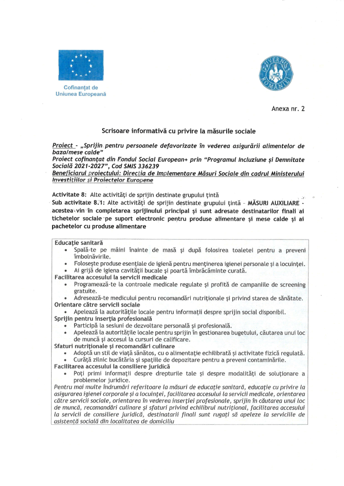 Proiect „Sprijin pentru persoanele defavorizate în vederea asigurării alimentelor de bază/mese calde