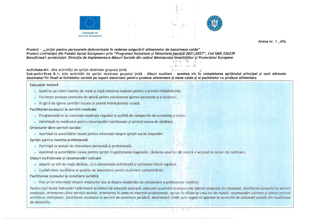 Proiect „Sprijin pentru persoanele defavorizate în vederea asigurării alimentelor de bază/mese calde