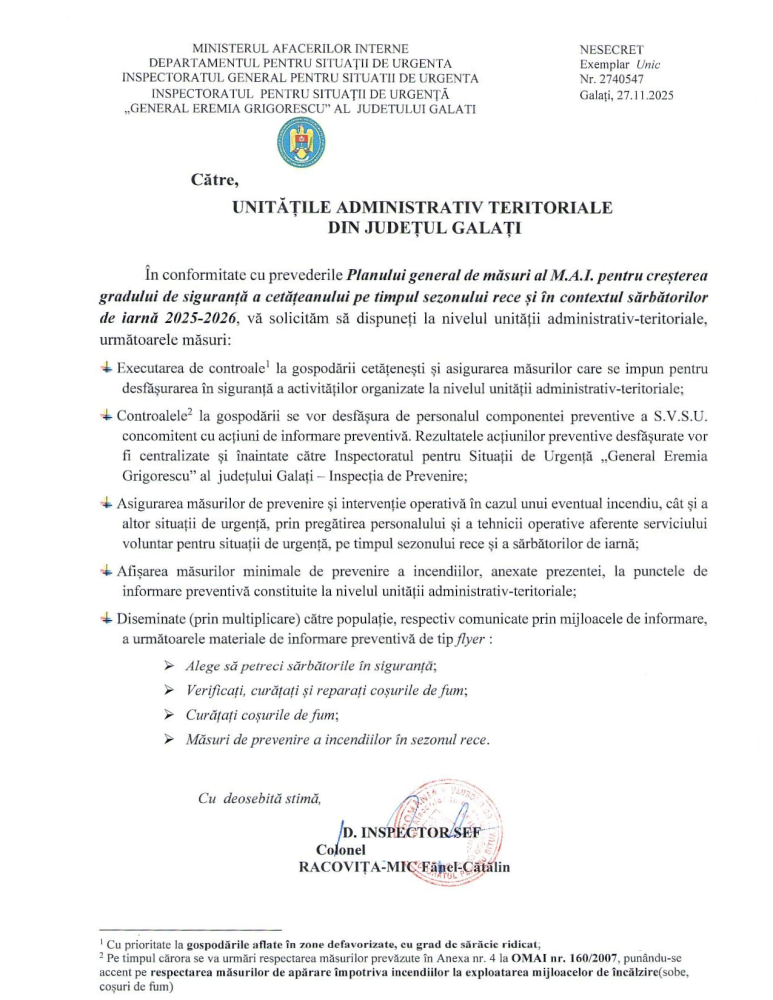 Plan general de măsuri al M.A.I. pentru creșterea gradului de siguranță a cetățeanului pe timpul sezonului rece și în contextul sărbătorilor de iarnă 2025-2026