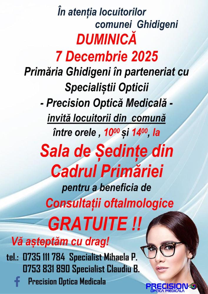 Consultații oftalmologice Gratuite! Duminică 7 decembrie 2025 la Sala de ședințe din cadrul Primăriei Ghidigeni