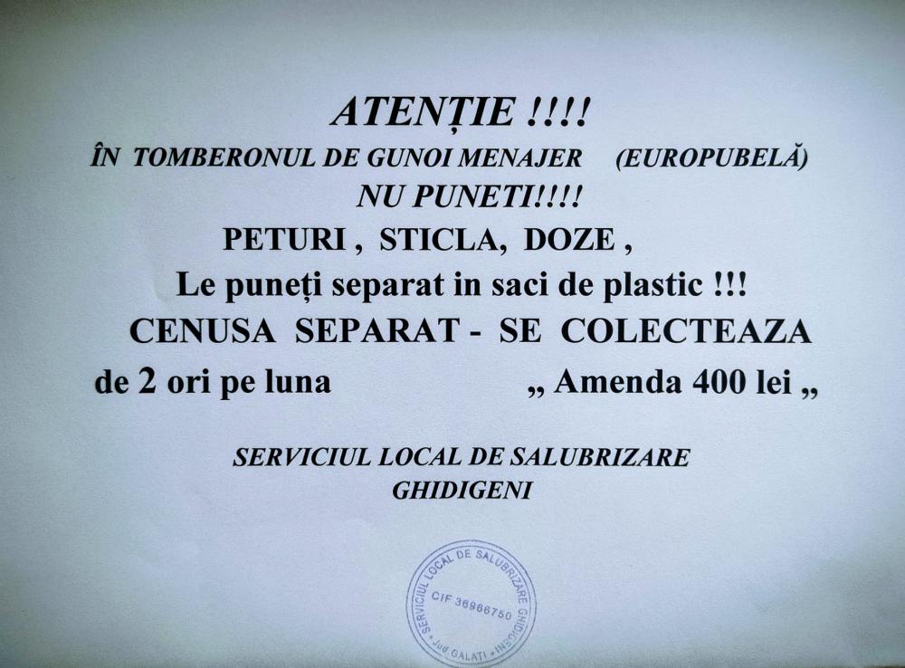 Anunț Serviciul Local de Salubrizare Ghidigeni - 26.01.2026