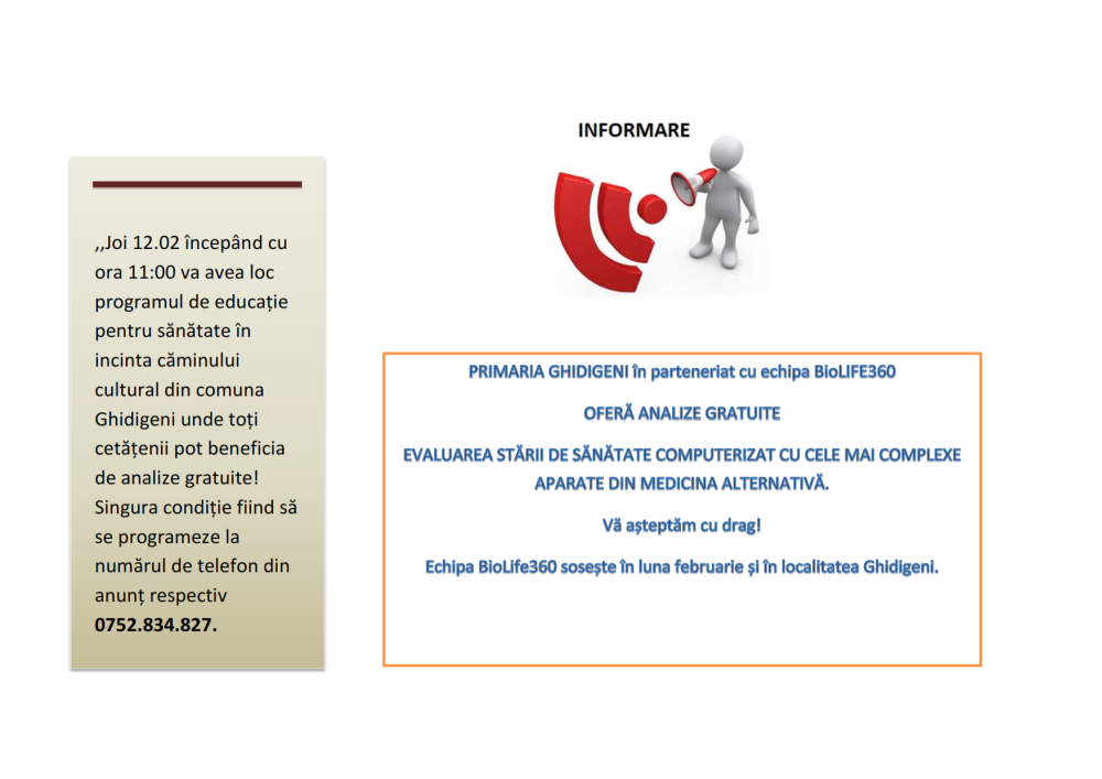 Informare analize medicale gratuite, programare la numărul 0752.834.827