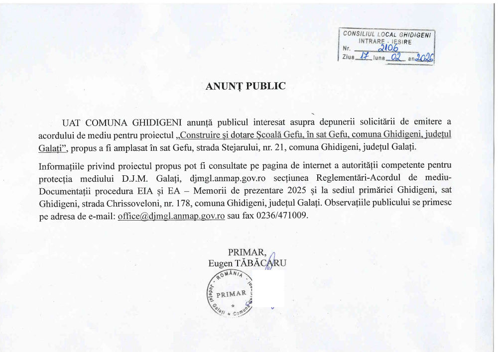 Anunț public privind proiectul „Construire și dotare Școală Gefu, în sat Gefu, comuna Ghidigeni, județul Galați
