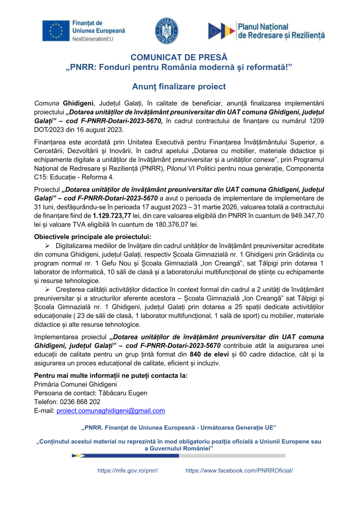 COMUNICAT DE PRESĂ „PNRR: Fonduri pentru România modernă și reformată!”, Anunț finalizare proiect