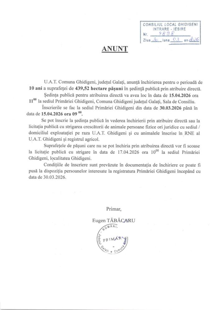 Anunț privind închiriere pășuni prin atribuire directă - înscrieri: 30.03.2026 - 15.04.2026