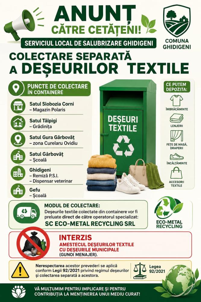 Anunț privind colectarea separată a deșeurilor textile