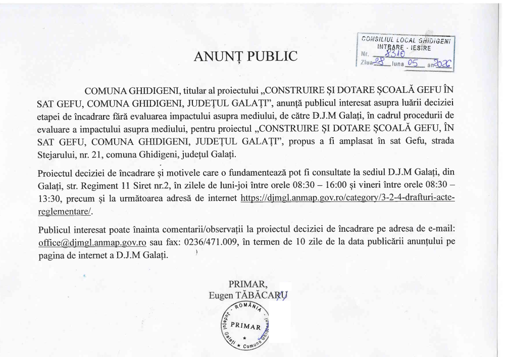 Anunț public privind proiectul „Construire și dotare Școală Gefu, în sat Gefu, comuna Ghidigeni, județul Galați