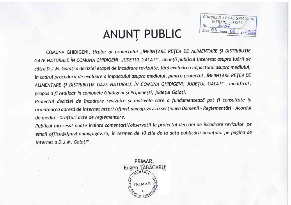 Anunț public privind proiectul „Înființare rețea de alimentare și distribuție gaze naturale în comuna Ghidigeni, județul Galați