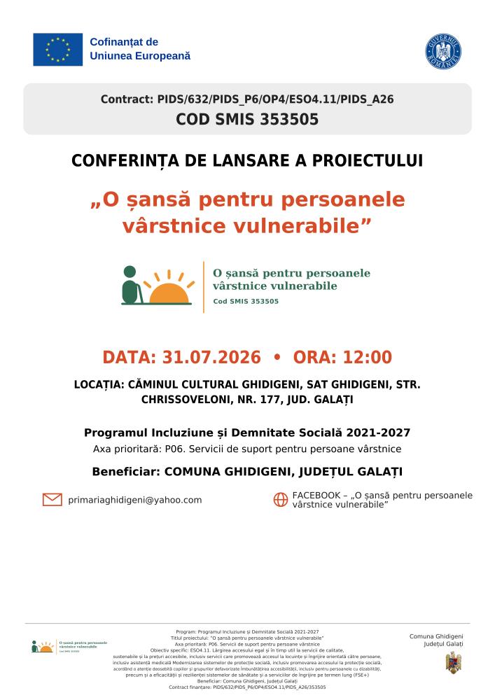 Lansare proiect „O șansă pentru persoanele vârstnice vulnerabile