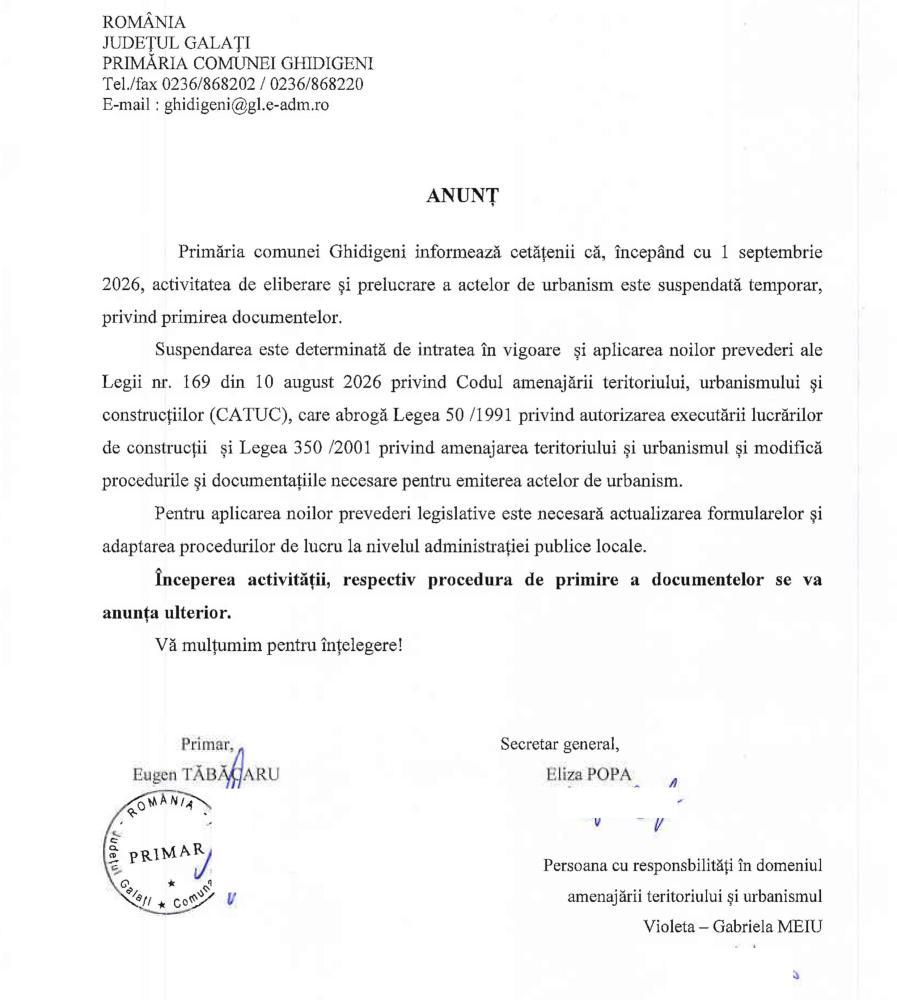 <div>Începând cu 1 septembrie 2026, activitatea de eliberare și prelucrare a actelor de urbanism este suspendată temporar, privind primirea documentelor</div>