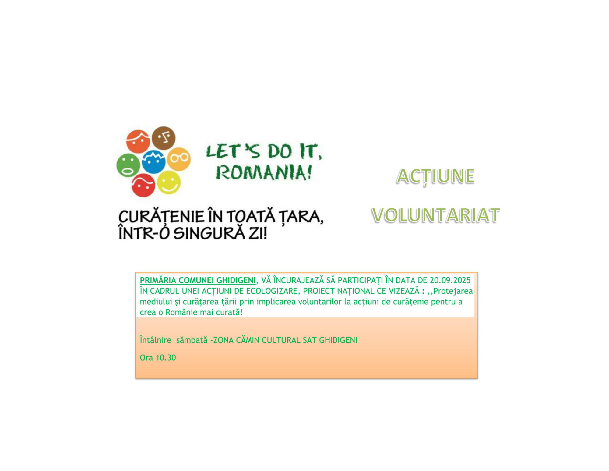 LET'S DO IT, ROMANIA! Primăria comunei Ghidigeni vă încurajează să participați în data de 20.09.2025, ora 10.30 la acțiune de ecologizare