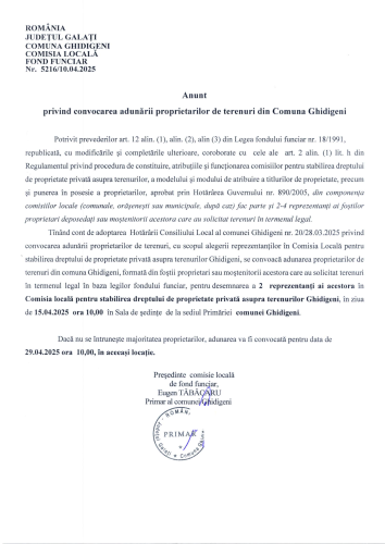 Anunț privind convocarea adunării proprietarilor de terenuri din Comuna Ghidigeni în ziua de 15.04.2025, ora 10.00
