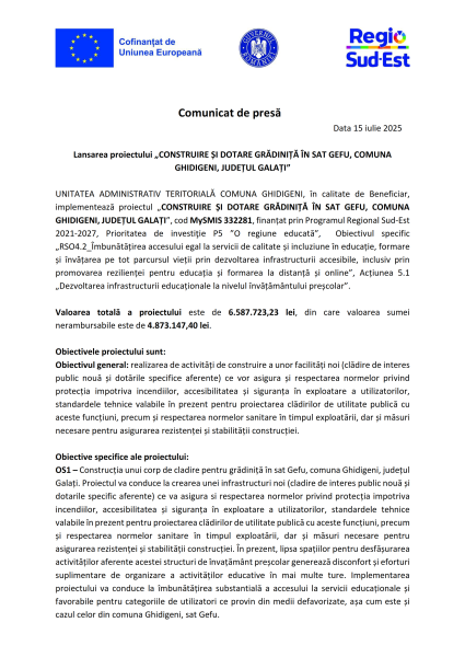 Comunicat de presă - lansare Proiect Program Regional Sud-Est 2021-2027 „Construire și dotare grădiniță în sat Gefu, comuna Ghidigeni, județul Galați