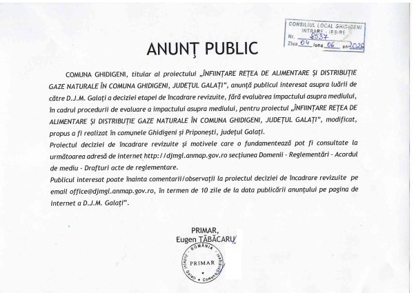 Anunț public privind proiectul „Înființare rețea de alimentare și distribuție gaze naturale în comuna Ghidigeni, județul Galați